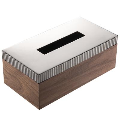 China Custom Light Luxury Leather Luxury Striped Hotel Tissue Box Stainless Steel Silver Tissue Box Metal Walnut Decorative Tissue Box for sale