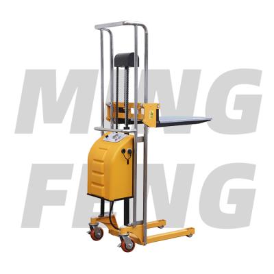 China Hotels mingfeng semi electric hydraulic mobile lift tables stackers portable trolley with rolly 400kg electric scissor stacker for sale