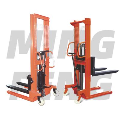 China mingfeng hotels 1.5ton manual hydraulic stacker three way pallet lifter semi electric semi stacker forklift for sale