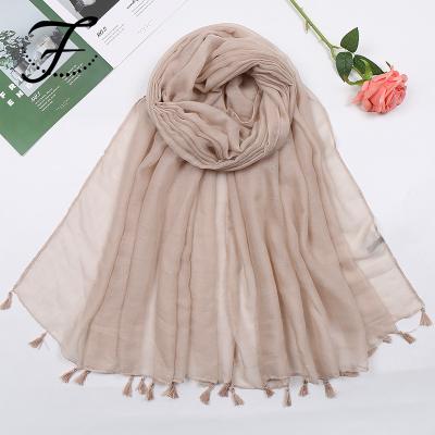 China Printed Scarf With Tassel FIONA Fashion 100% Polyester Light Weight Solid Color Scarf And Wraps For Spring Shawl Women for sale