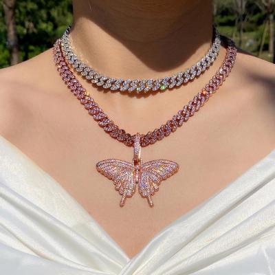 China Hiphop Lovely Pink Color Cute Small Fine Butterfly Necklace Jewelry Gift For Girl Hip Hop Iced Out Set for sale