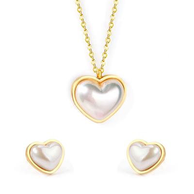 China TRENDY Stainless Steel Heart 18K Gold Plated Pearl Jewelry Sets Earring Pendant Necklace Set for sale