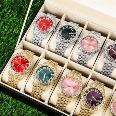 China 2021 New Day/Date Hip Hop Jewelry Iced Out Rhinestones Watch Dial Roman Numerals Watch Light Blue Pink&Purple Face Quartz Watches for sale