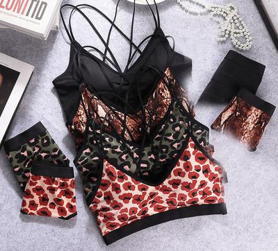 China Leopard-copy QUICK-DRY fashionable underwear detachable pad and no steel Ring Beauty Back Sports Bra women's sexy underwear suit for sale