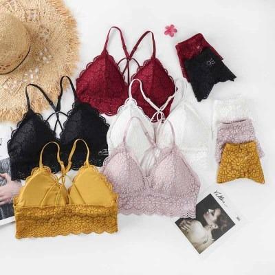 China Breathable Ladies Lace Up Bra Set No Ring Gathered Bra Hollow Breathable Women Underwear Two Piece Set Chest Steel Wrap for sale