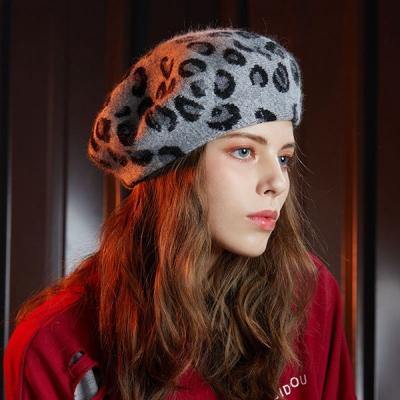 China COMMON Fashion Chic French Female Berets Warm Winter Knitted Acrylic Hat Imitate Madame Beret de Mink Velvet Leopard Print Elegant for sale