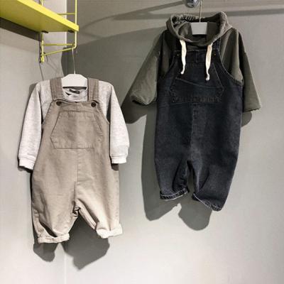 China 2022 Sustainable Spring And Fall Kids Clothing For Boys And Girls Vintage Loose Washed Solid Bib Pants Big Pockets for sale