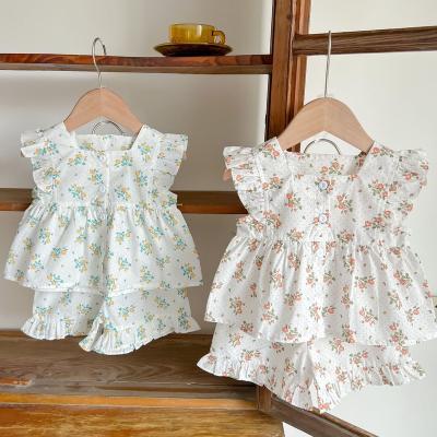 China Hot Selling Summer Baby Girls Ruffle Suit Eco-Friendly Breathable Kids Floral Tops Two Piece Set for sale