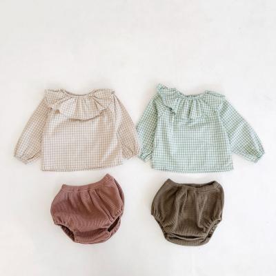 China 2022 INSTAGRAM Autumn Baby Lapel Sweater Plaid Cotton Suit Breathable Tops + Bottoms Pants Two-piece Set for sale