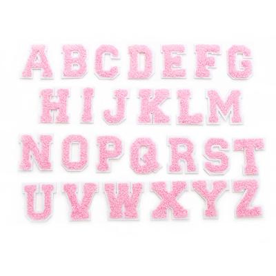 China Viable Stock Pink With Gold Border Letter Appliques A-Z Iron On Adhesive Repair English Alphabet A-Z Iron On Adhesive Clothing Chenille Patch for sale