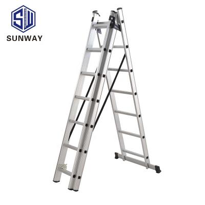 China Aluminum Folding Ladders Industry En131 Double Extension 3x7 3section Tripod Ladder For Sale for sale