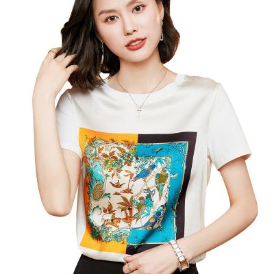 China Breathable women fashion casual top summer pattern real silk printed silk shorts sheath white T-shirt women for sale