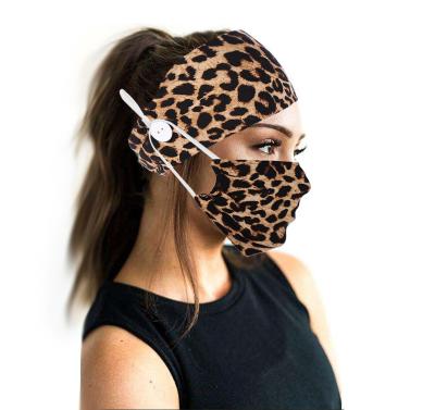 China Eco-friendly Designer Leopard Maske Headbands Button Elastic Hair Bands Truban Head Wraps With Mouth Cover Non Slip Leopard Headband for sale