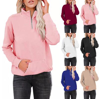 China Wholesale Breathable Solid Color Womens Clothing Comic Collar Zipper Plus Size Pullover Sweatshirt With Pocket for sale