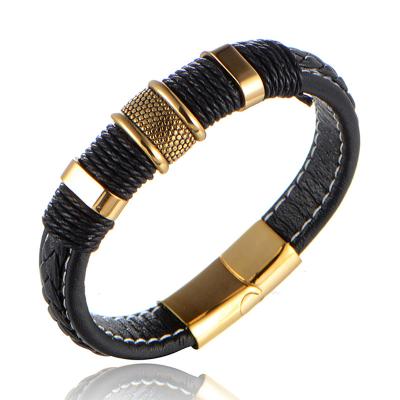 China Jewelry Men Stainless Steel Designer Charm Leather Bracelets Casual/Sporty Gold Plating Bangle for sale