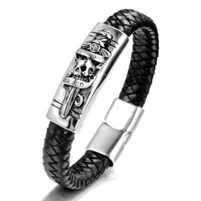 China Wholesale Jewelry Mens Stainless Steel Design Fashion Skull Leather Bracelet for sale