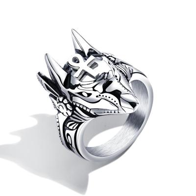 China Latest Design Coyote Steel Titanium Stainless Steel Ring Anubis God Ancient Egyptian Main Ring for sale