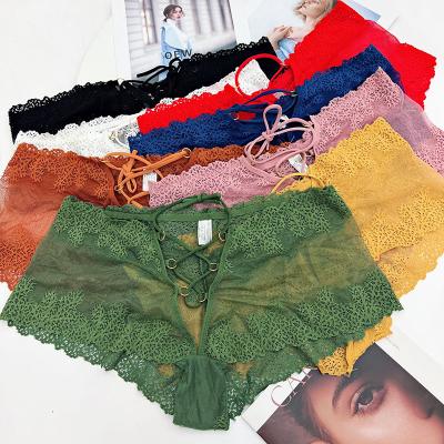 China Breathable newest variety of A styles solid color lace belly plus size ladies sexy transparent triangle panties for sale