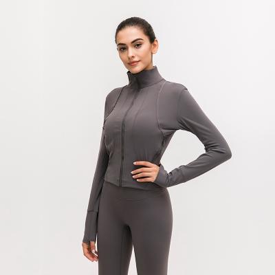 China Breathable D19067 Thumb Hole Stand Collar Slim Fit Yoga Suit Frosted Naked Fitness Coat Zipper Leisure Jacket for sale