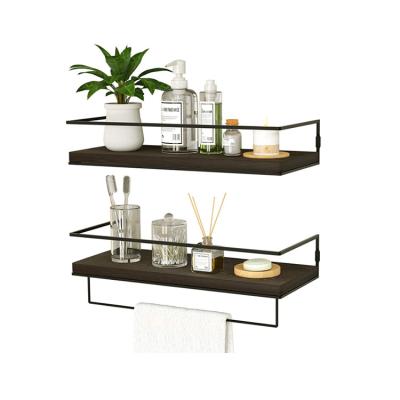 China Hot Selling Wooden Wall Shelf Bathroom Storage Rack 2 Piece Set With Towel Rack for sale