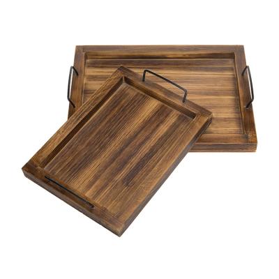 China Cheap Custom Hotel Home Restaurant Rustic Style Burnt Wooden Art Serving Platters Veneer Rectangular Nesting Tray for sale