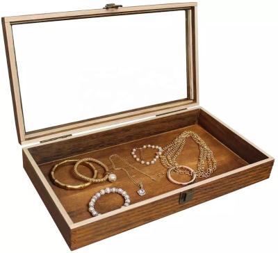 China Household Natural Wooden Brown Glass Inlaid With Metal Clasp Jewelry Box for sale