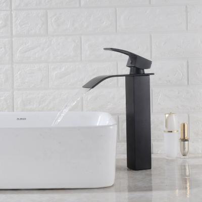 China Contemporary Modern Deck Mounted Black Waterfall Single Handle Brass Basin Bathroom Faucet for sale