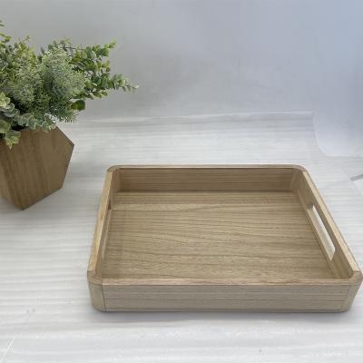 China Sustainable Rectangular Wooden Tray With Handle Food Containers Storage Box Support Dish Rack for sale