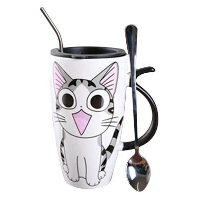 China Cat Cup Large Capacity Sublimation Porcelain Stocked Ceramic Coffee Mug Cute Breakfast Cup Milk Coffee Couple With Lid Spoon for sale