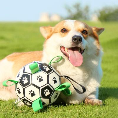 China New Dog Accessory Stored Indoor Outdoor Interactive Dog Toy Pet Training Soccer Ball Football Chew Dog Toys with Grip Tags for sale