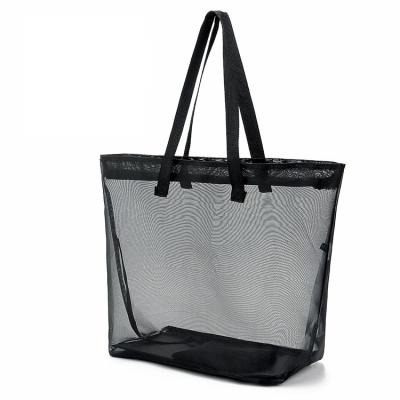 China Black Unisex Handled SheerTransparent Mesh Tote Summer Beach Bag Travel Shopping Bag for sale