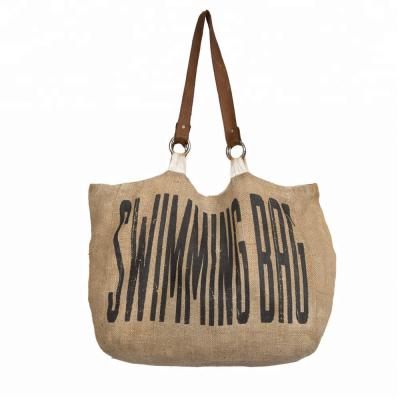 China Eco Friendly Jute Swimming Tote Bag With Leather Handle for sale