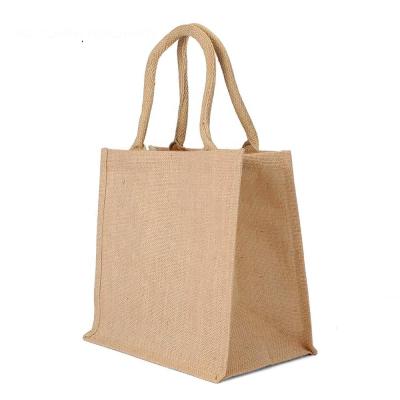 China Natural Handled Jute Burlap Bags with Handles Reusable Cotton Tote Bags with Laminated Interior for sale