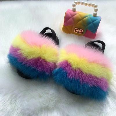 China Real Fox Fur Slippers Jelly Bag Sets Girls Cute Fluffy Fur Kids Cross Round Body Purse Slips Children Soft Furry Sandals Pinch for sale