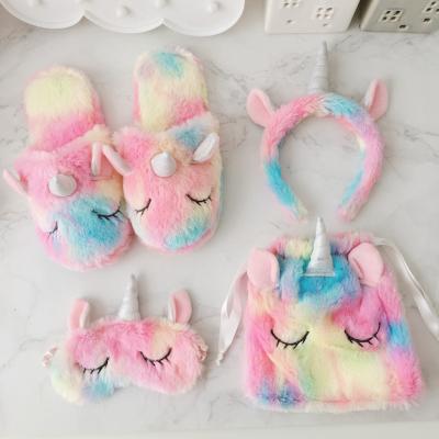 China Cute Cozy Indoor Rainbow Round Unicorn Plush Slippers Bags Set Women Bedroom Slipper Kids for sale