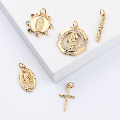 China Hiptop Zirconia CZ Cross Christian Virgin Mary Gold Plated Jewelry Religious Charm Necklace DIY Pendant Charms Jewelry Making for sale