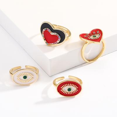 China FASHIONABLE Heart Color Zircon Color Black Eyes Evil Red Jewelry Rings Gold Rings For Women for sale