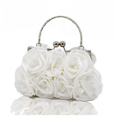 China Handbag White Satin Wrapping Silk Petal Pattern Rose Flower Wedding Purse Clutch Bag Manufacturer for sale