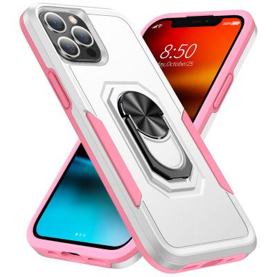 China New Anti-drop IP 13 Series Phone Case TPU Frame+PC +Pump Heavy Duty Soft Phone Case With Magnetic Car Mount With Holder Ring for sale