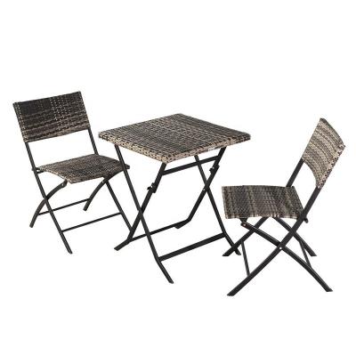 China Small Space Bistros Set Wicker Patio Garden Backyard Rattan Furniture Folding Metal Bistros Table Chair Set 3PC for sale