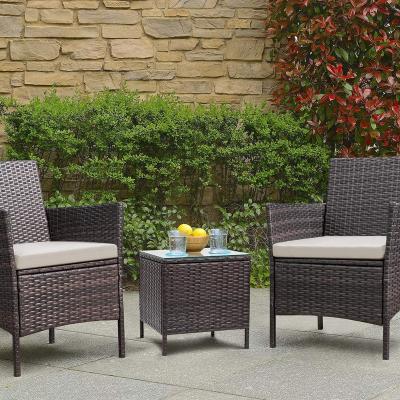 China Small Space Bistro Set Outdoor PE Rattan Furniture 3 PCS Wicker Patio Table and Chairs Set with Cushion and Tempered Glass for sale