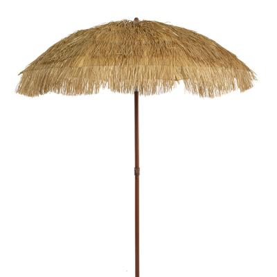 China Lift Outdoor 180CM Round Beach Hawaii Polynesian Dance PP Grass Straw Tiki Thatched Umbrella With Wood Finish for sale