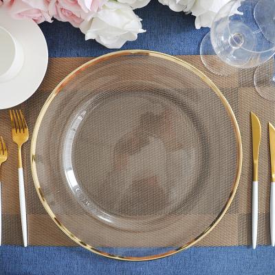 China Wholesale Clear Fancy Glass Wedding Decor Viable Charger Plates With Gold Rim for sale