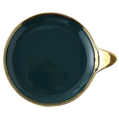 China Viable Nordic Dark Green Creative Dish Creative Gold Ring Dessert Dish Salad Bowl Handle Western Ceramic Bowl for sale