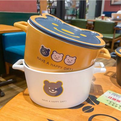 China Creative Cartoon Viable Bear Large Ceramic Bowl With Lid Round Ears Noodle Bowl Dessert Convenient Salad Bowl for sale