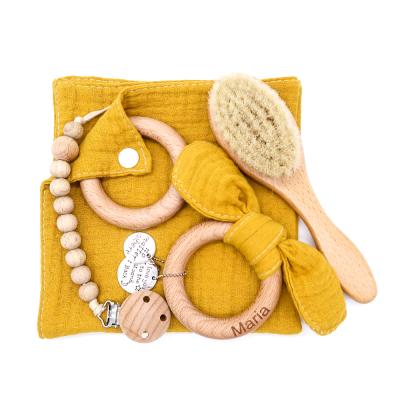 China 100% Natural Newborn Bpa Free Cotton Infant Wooden Teether Ring Baby Bathing Toy Set for sale