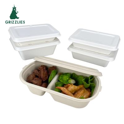 China Disposable Degradable Bio Bagasse Tray Bento Box 1000ml Sugarcane Bagasse Food Container 2 Compartment Takeout Bagasse With Lid for sale