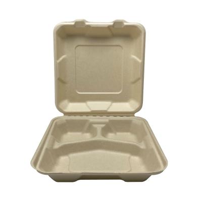 China 3 Compartments Biodegradable Sugarcane Pulp Bagasse Clamshell Disposable Tableware Take Out Lunch Food Boxes for sale