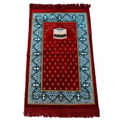 China Stain Resistant Turkish Pilgrimage Soft Foldable Travel Embossed Raschel Handmade Thick Non Slip Muslim Prayer Mat With Tassel for sale