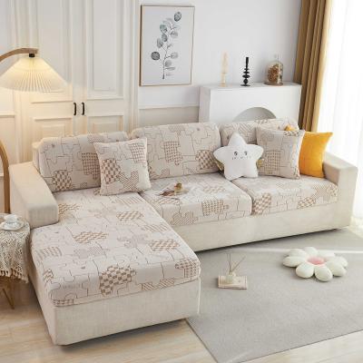 China Soft Hot Sell Jacquard Product Colorful Jigsaw Pattern Cationic Velvet Sofa Elastic Covers for sale